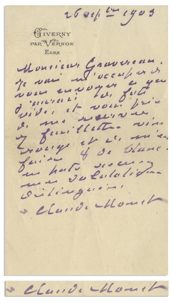 Claude Monet Autograph Letter Signed -- Monet Writes to His Wine Merchant, Ordering Both Red & White Wine